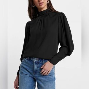Express. *NEW* Black gathered mock neck long sleeve open back top. Size S.